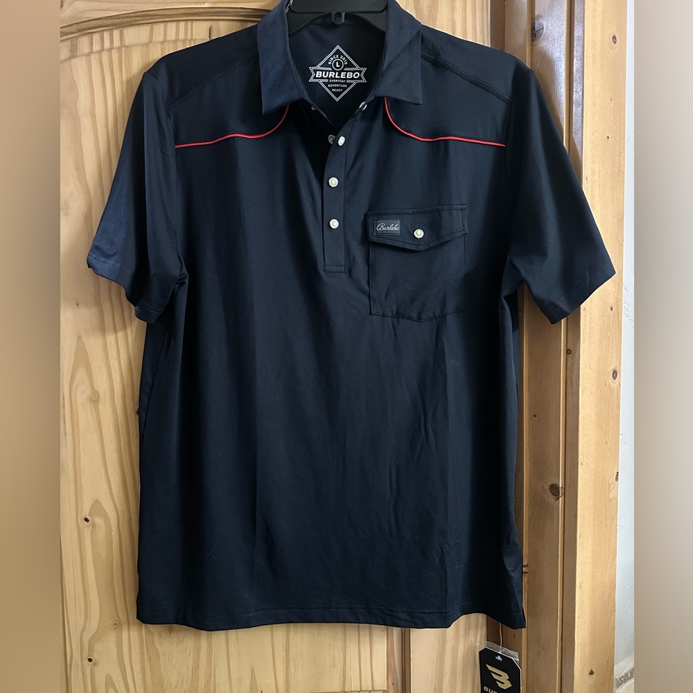BURLEBO Men's Navy Pearl Snap Polo with Red Highlights
